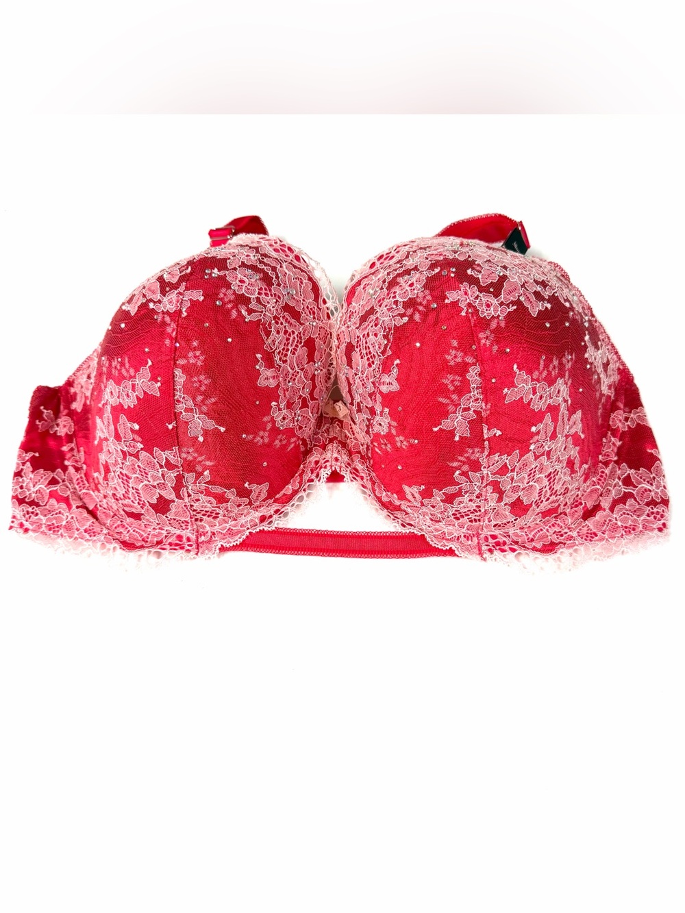 NEW Victorias Secret 38DD Lined Demi Bra Red Ivory Lace Bedazzled Underwire 4269